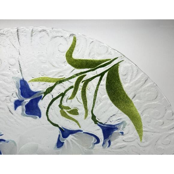 Platter Bowl Glass Japanese Iris Star Flowers Serving Dish Painted Scalloped 12" - Picture 4 of 10